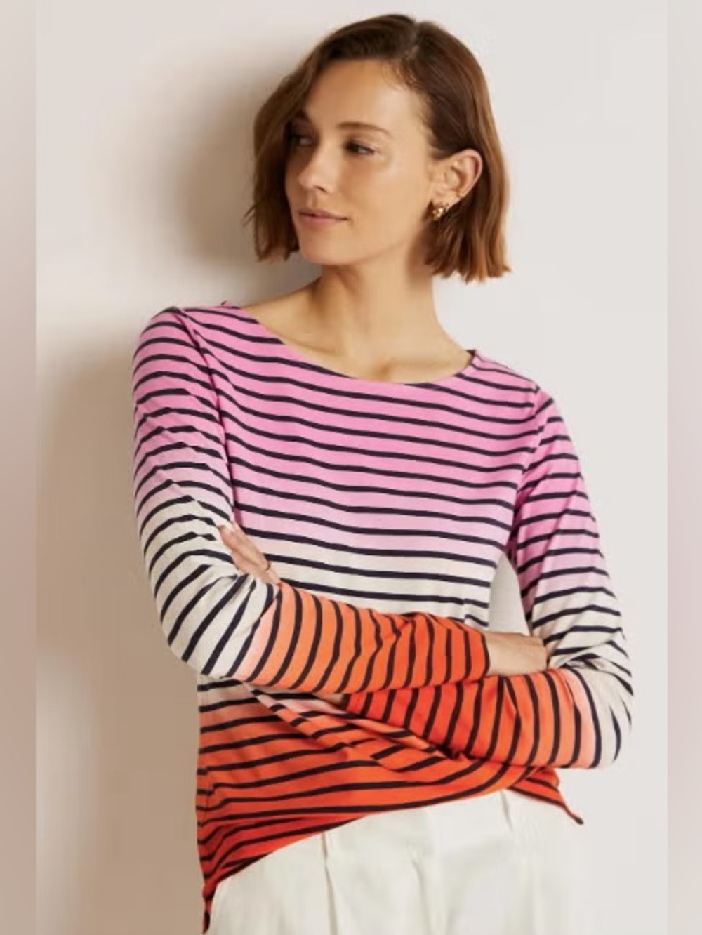 Boden Ombré Stripe Breton Top Cotton Long Sleeve Pink Orange Black US 4